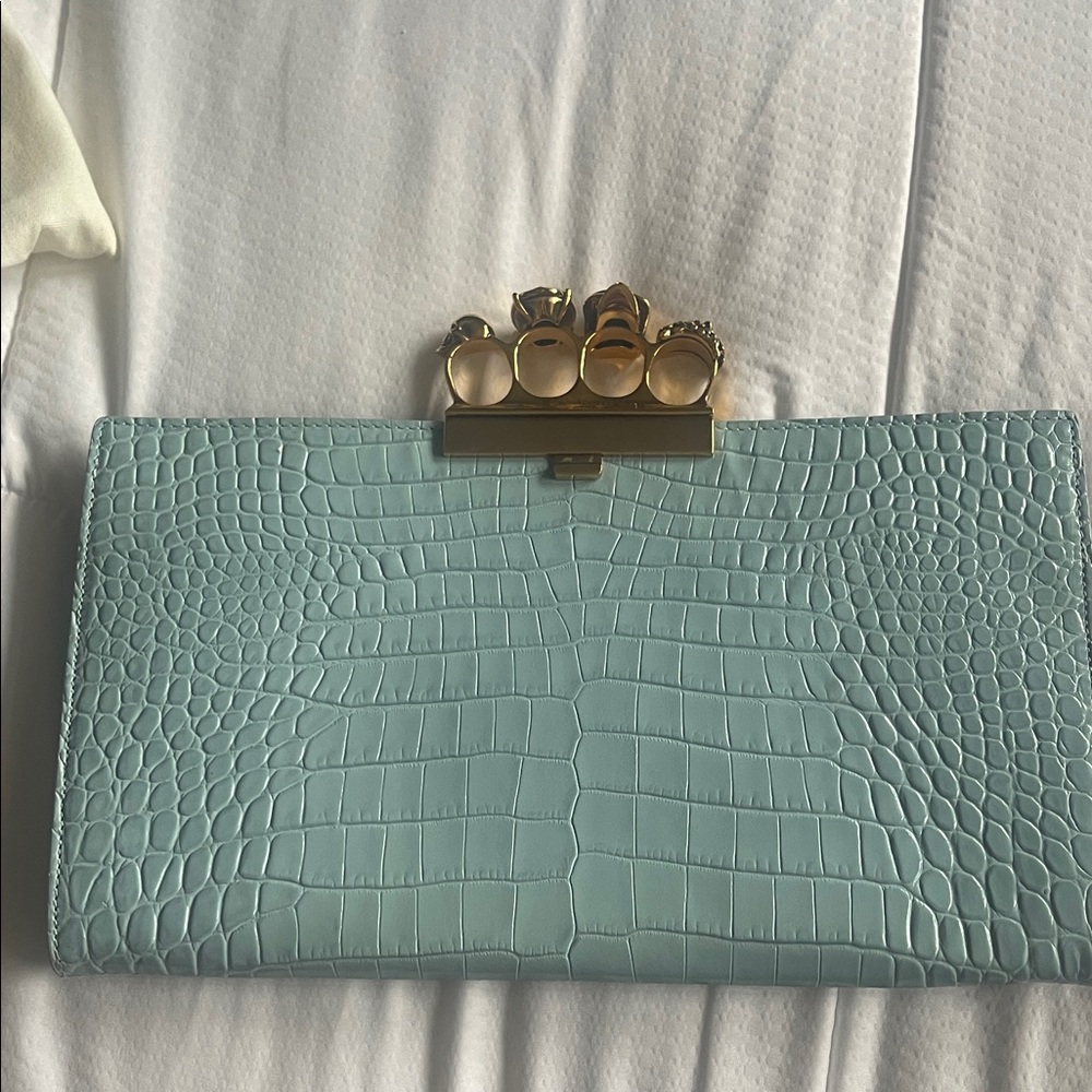 Alexander McQueen Aqua Croc-Embossed Knuckle Clutch with Gold Rings